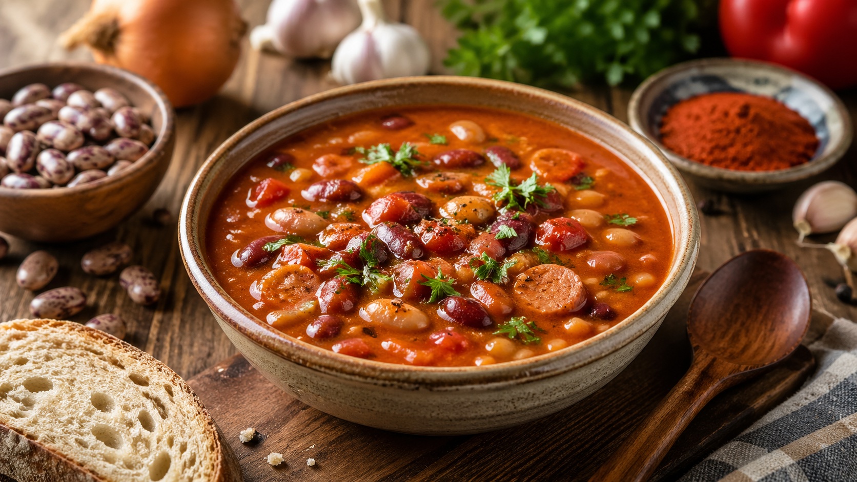 Hearty bean and sausage stew in a ceramic bowl, garnished with parsley, on a rustic wooden table with bread nearby.