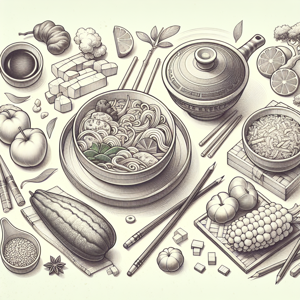 Pastelková ilustrace znázorňující téma: Čínská kuchyně