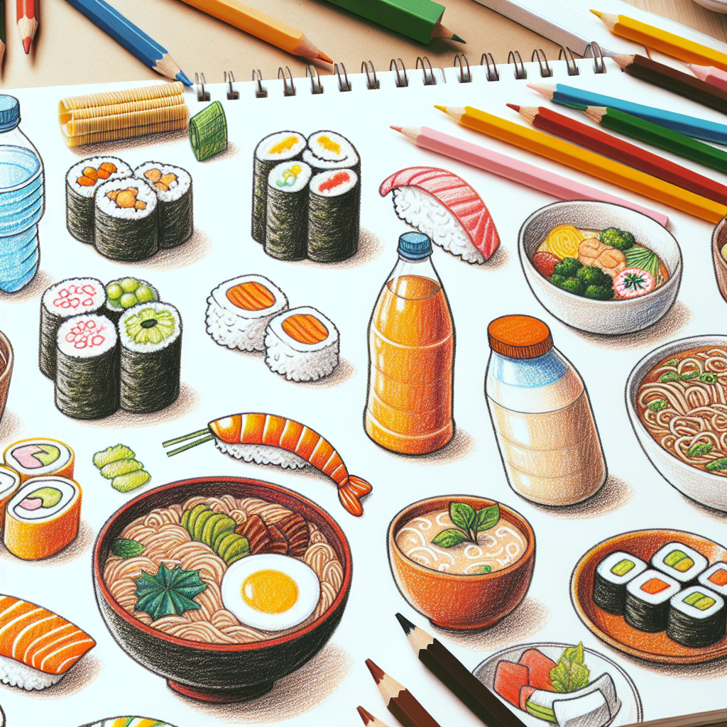 Pastelková ilustrace znázorňující téma: Japonská kuchyně