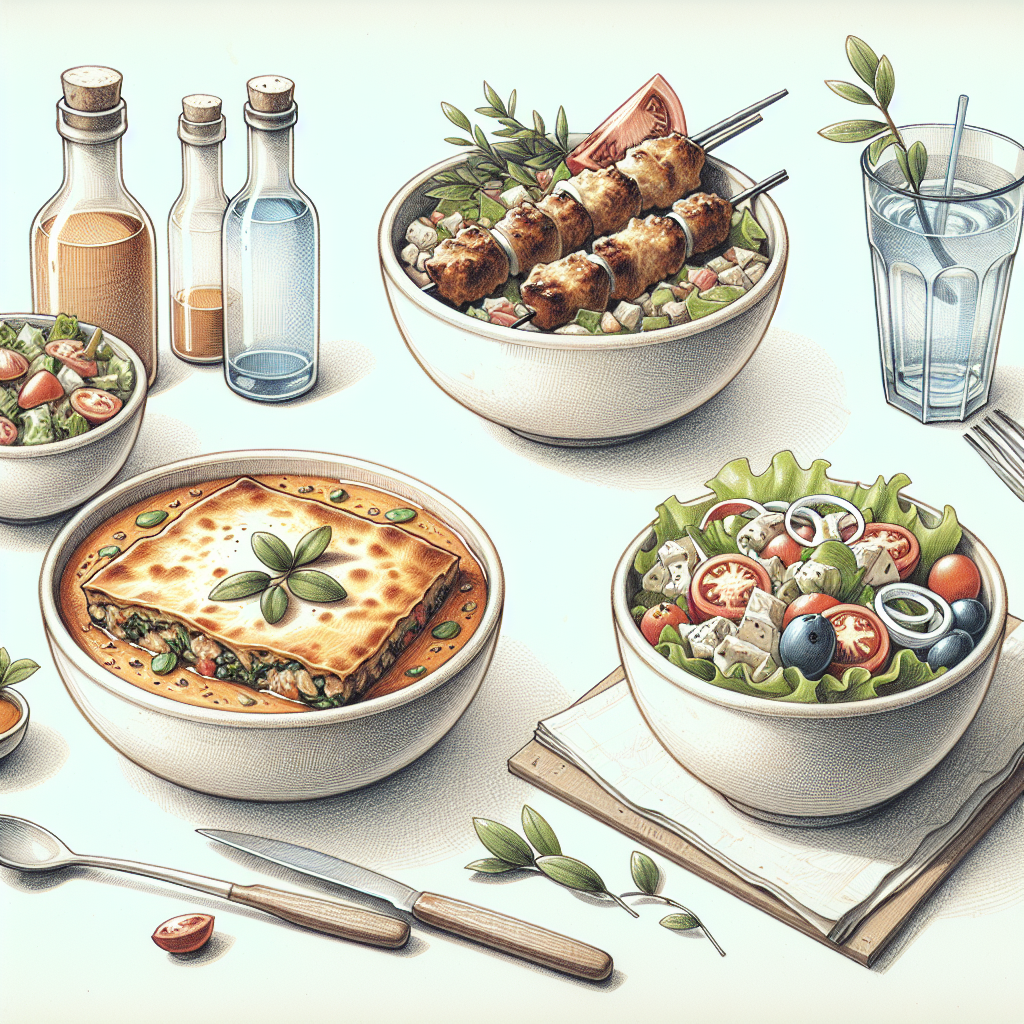 Pastelková ilustrace znázorňující téma: Řecká kuchyně