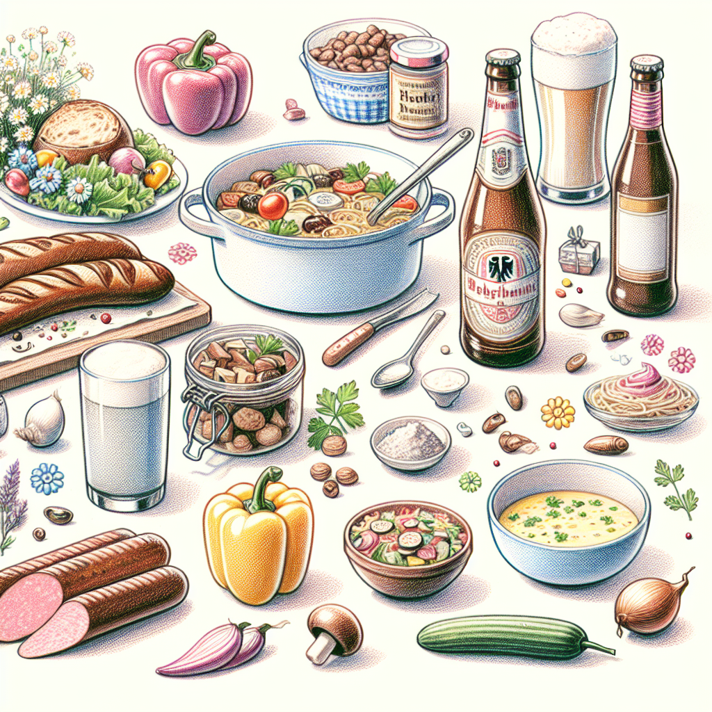 Pastelková ilustrace znázorňující téma: Německá kuchyně