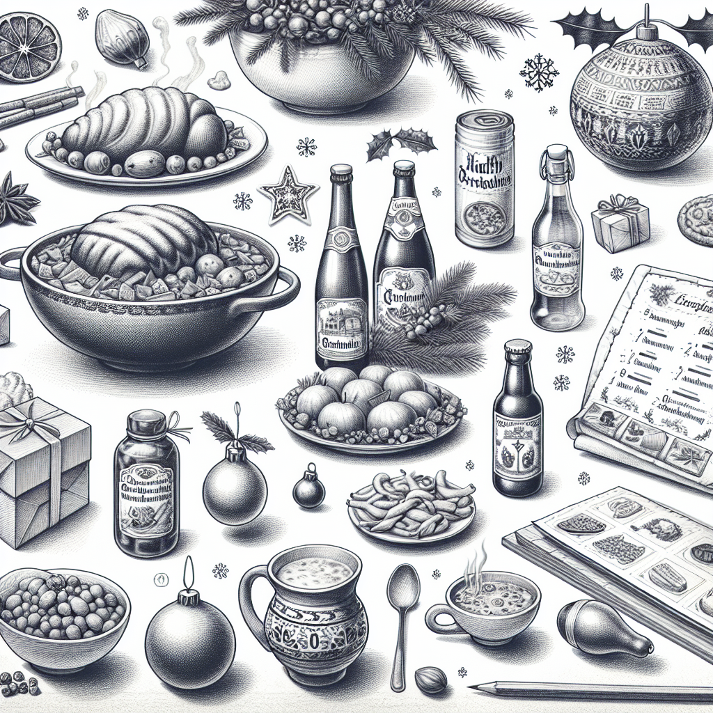 Pastelková ilustrace znázorňující téma: Vánoční pokrmy