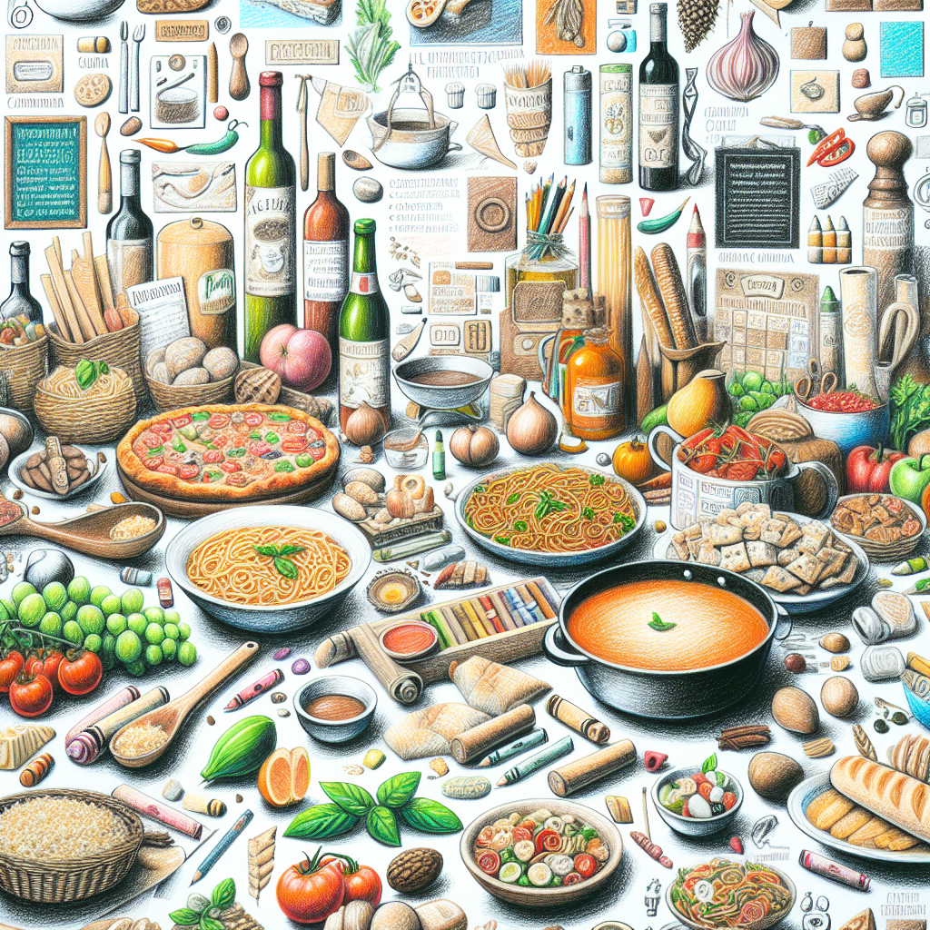 Pastelková ilustrace znázorňující téma: Italská kuchyně