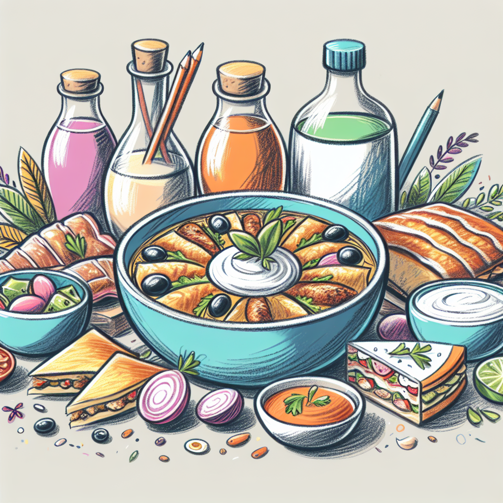 Pastelková ilustrace znázorňující téma: Řecká kuchyně