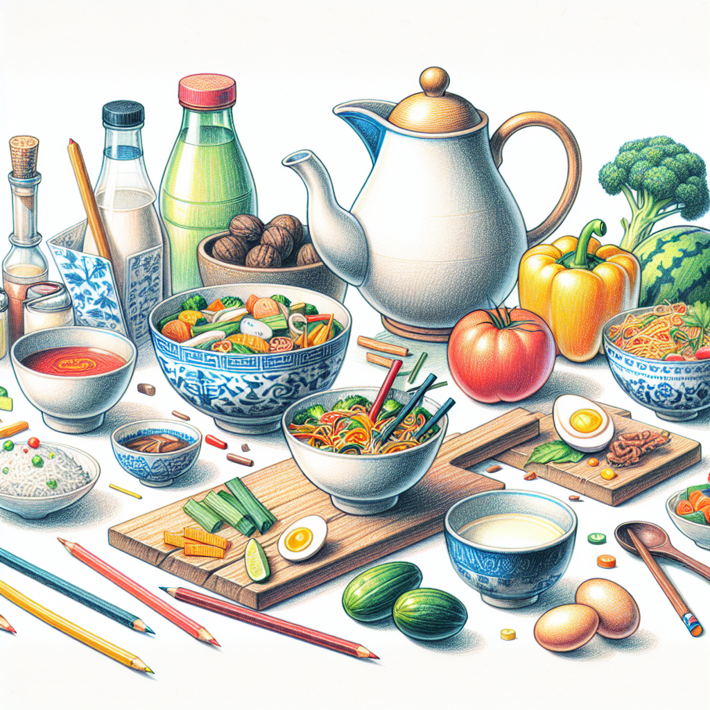 Pastelková ilustrace znázorňující téma: Čínská kuchyně