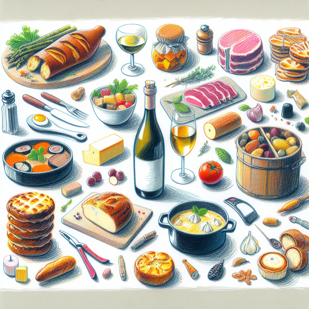 Pastelková ilustrace znázorňující téma: Francouzská kuchyně