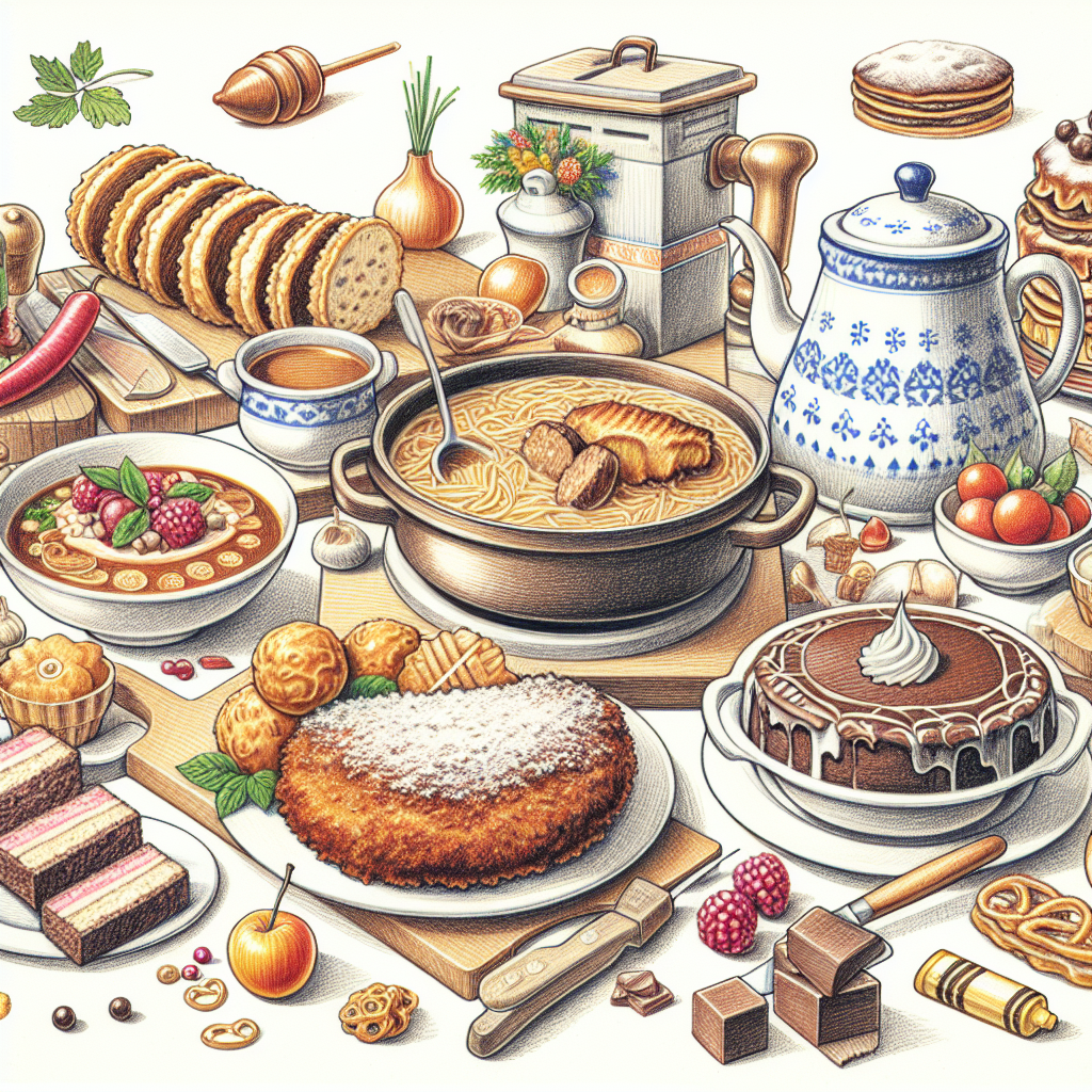 Pastelková ilustrace znázorňující téma: Rakouská kuchyně