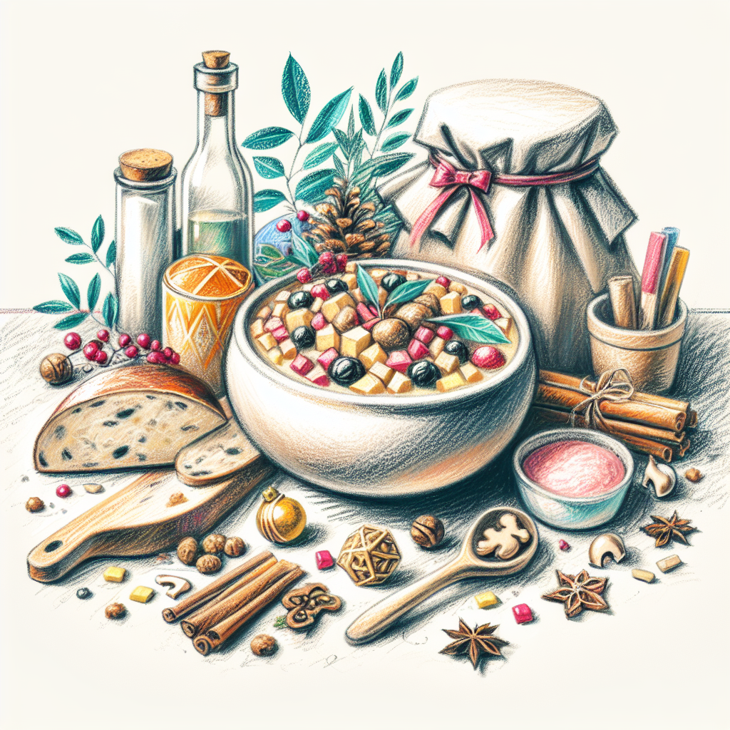Pastelková ilustrace znázorňující téma: Vánoční pokrmy