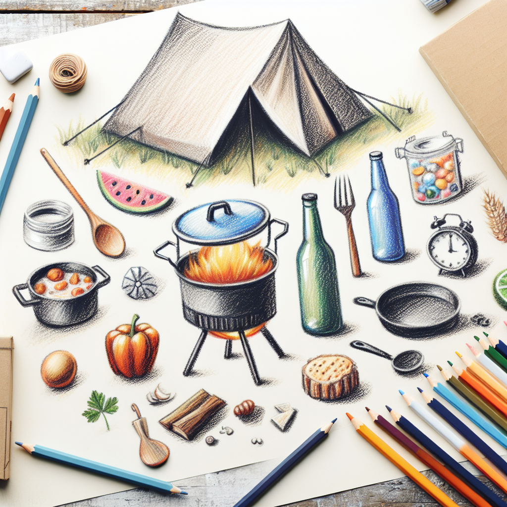 Pastelková ilustrace znázorňující téma: Kempování