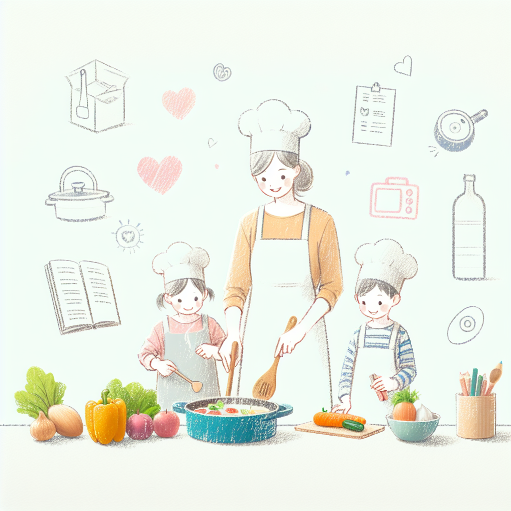 Pastelková ilustrace znázorňující téma: Vaření s dětmi