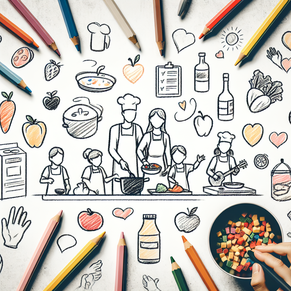 Pastelková ilustrace znázorňující téma: Vaření s dětmi