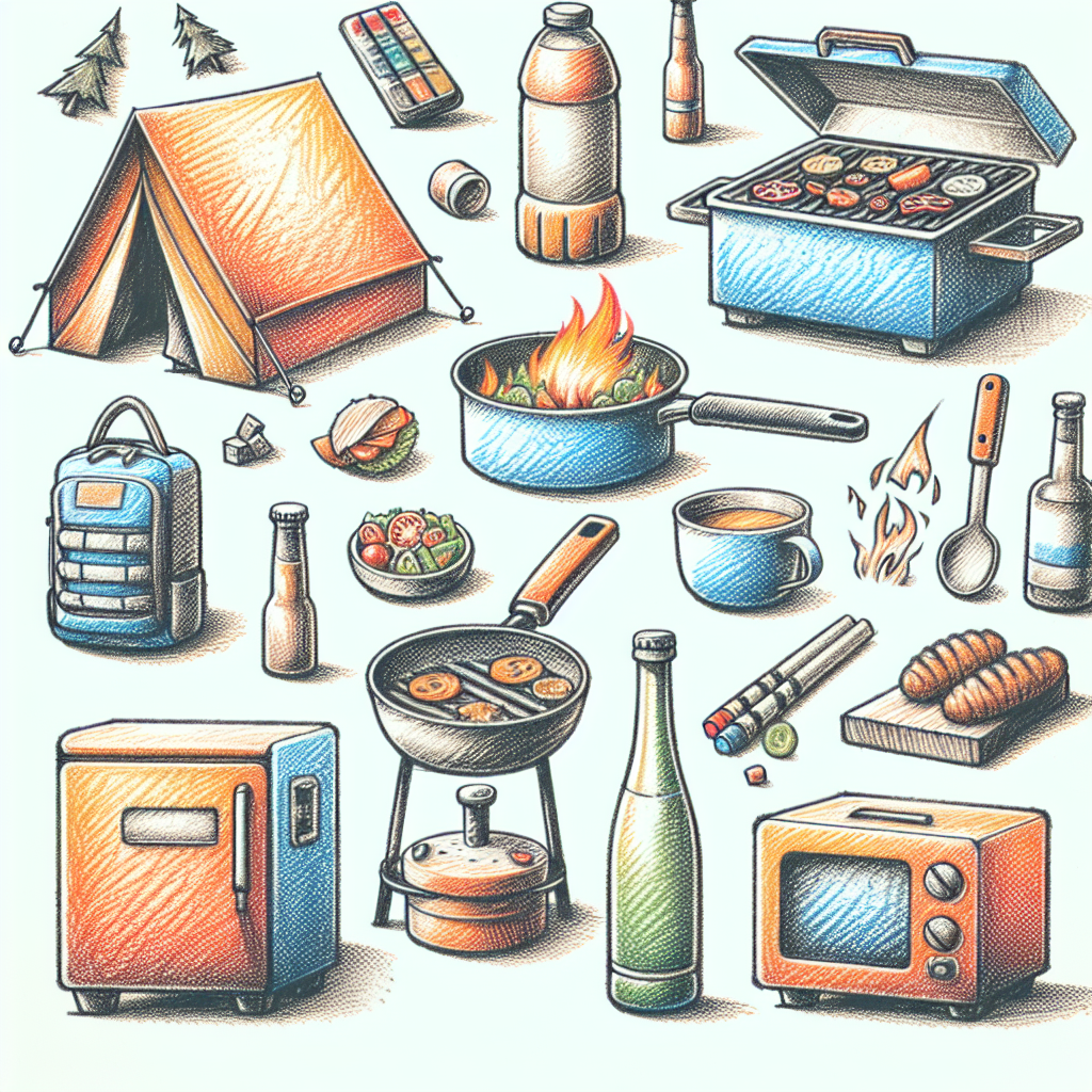 Pastelková ilustrace znázorňující téma: Kempování