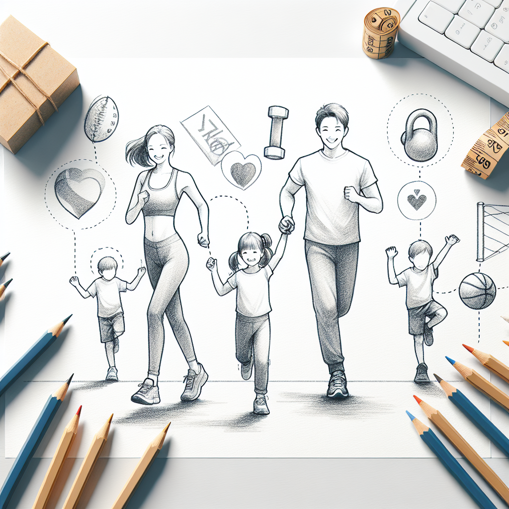 Pastelková ilustrace znázorňující téma: Rodinné cvičení