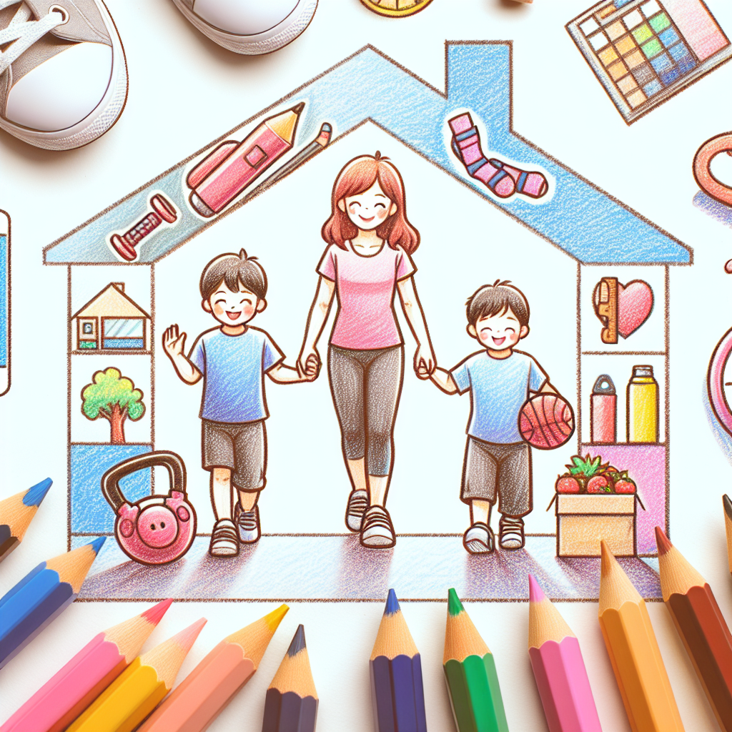 Pastelková ilustrace znázorňující téma: Rodinné cvičení