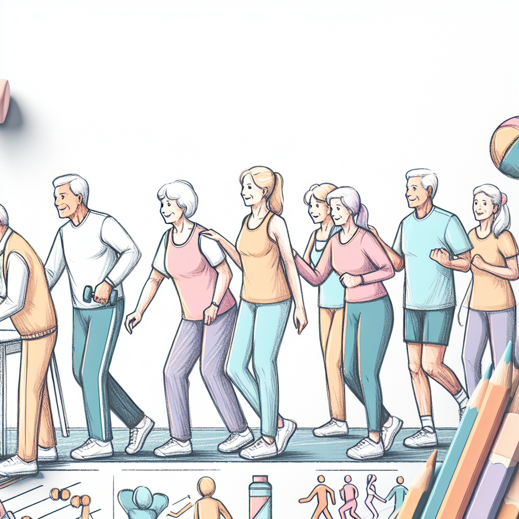 Pastelková ilustrace znázorňující téma: Cvičení pro seniory