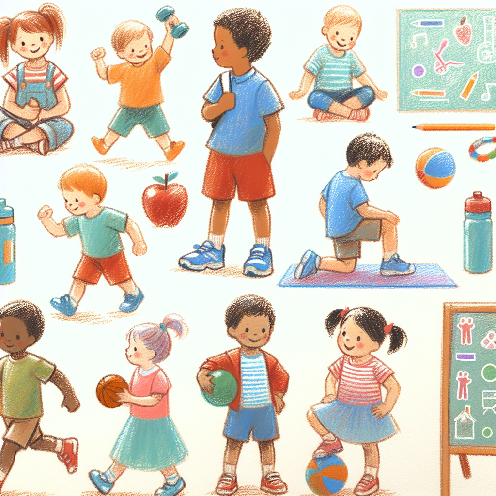 Pastelková ilustrace znázorňující téma: Pohyb v MŠ