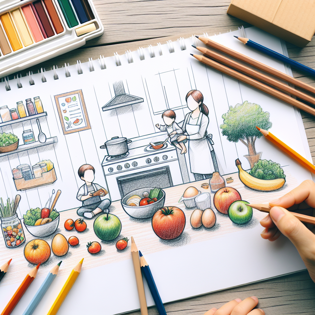 Pastelková ilustrace znázorňující téma: Vaření s dětmi