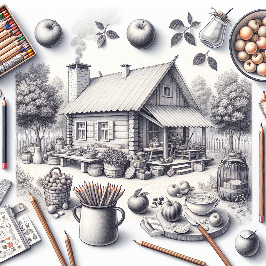 Pastelková ilustrace znázorňující téma: Vaření na chatě