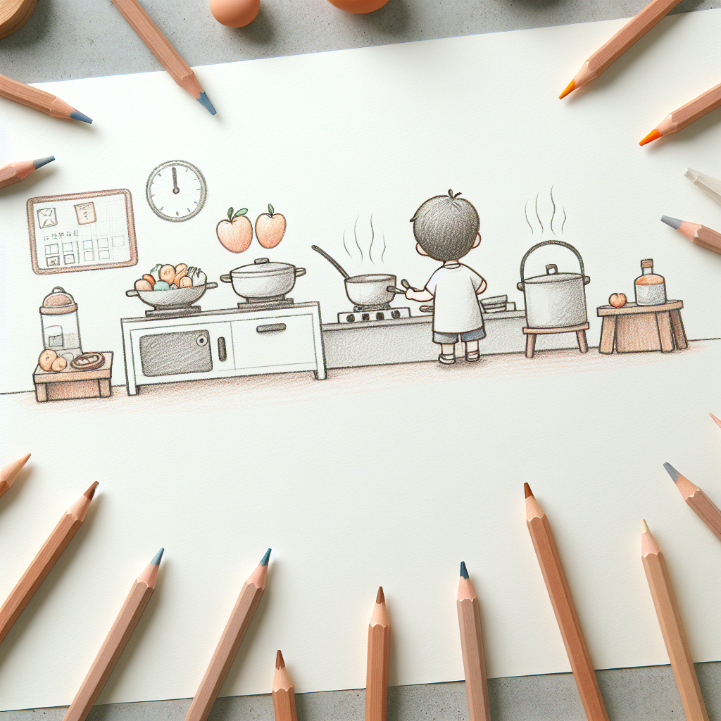 Pastelková ilustrace znázorňující téma: Vaření s dětmi