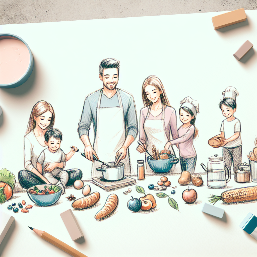 Pastelková ilustrace znázorňující téma: Rodinné vaření