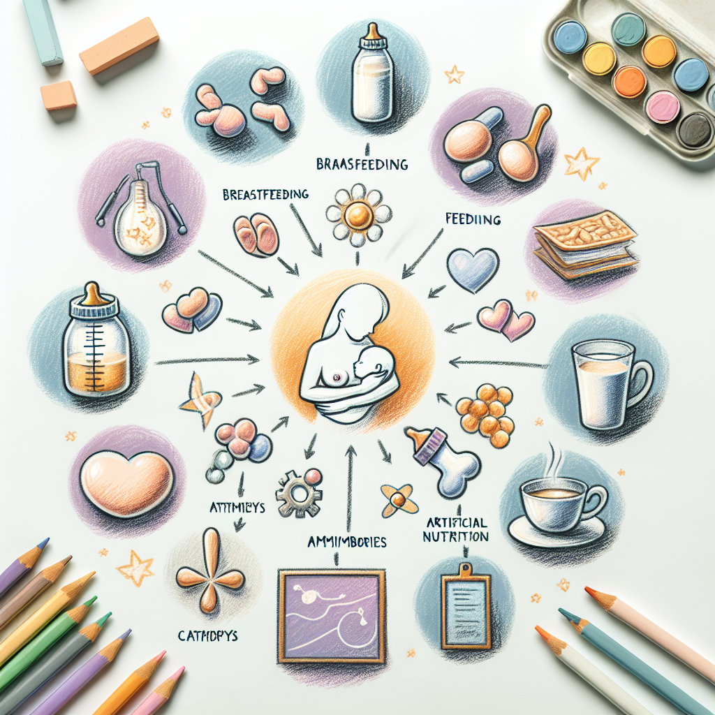 Pastelková ilustrace znázorňující téma: Výživa novorozenců